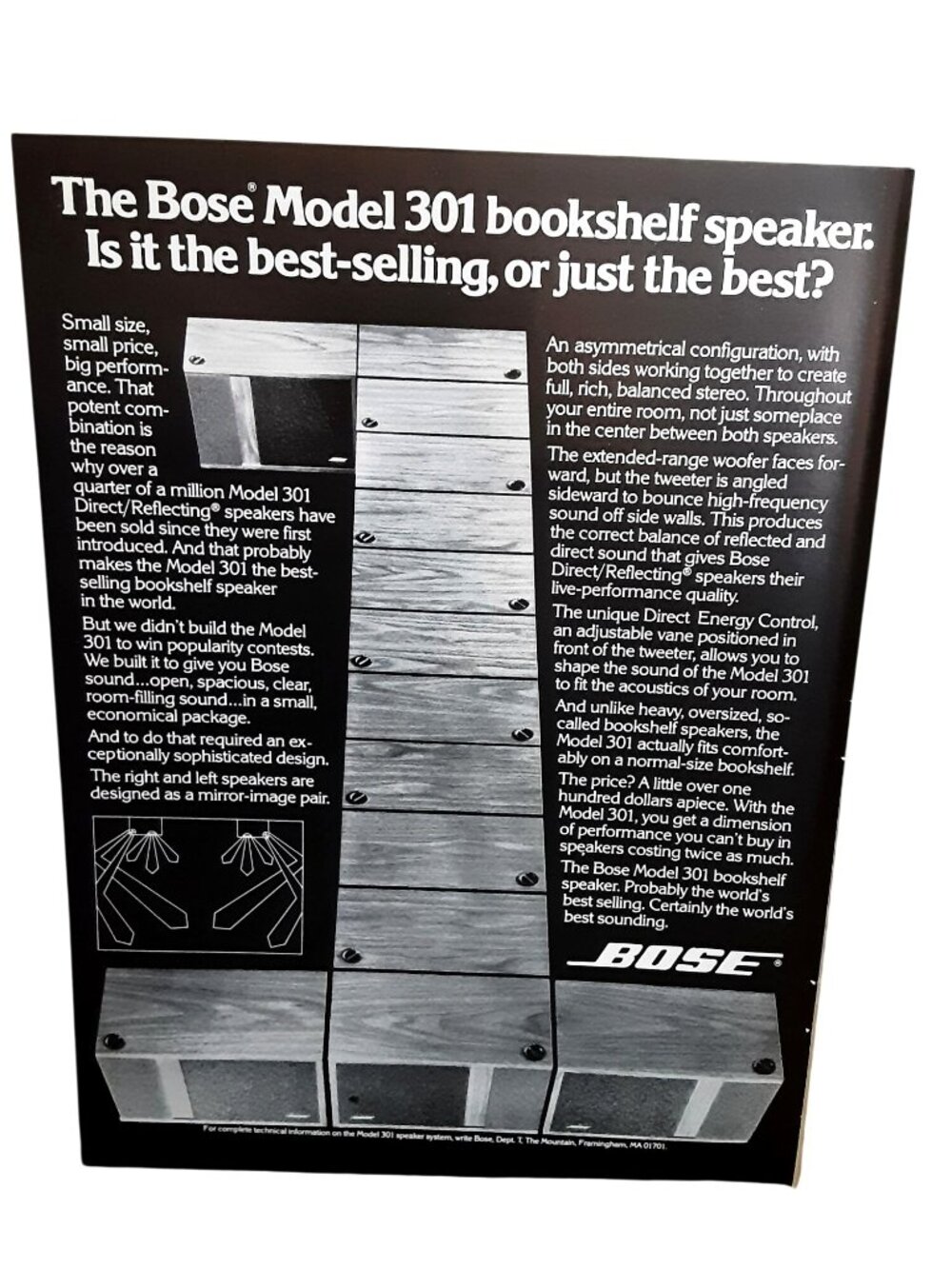 1978 Bose Model 301 Bookshelf Speaker Vintage Print Ad Direct Reflecting